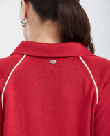 Women's Raglan Sleeve Polo Sweater with Contrast Details and Metal Plate in Modal Blend - 6