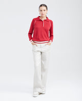 Women's Raglan Sleeve Polo Sweater with Contrast Details and Metal Plate in Modal Blend - 7