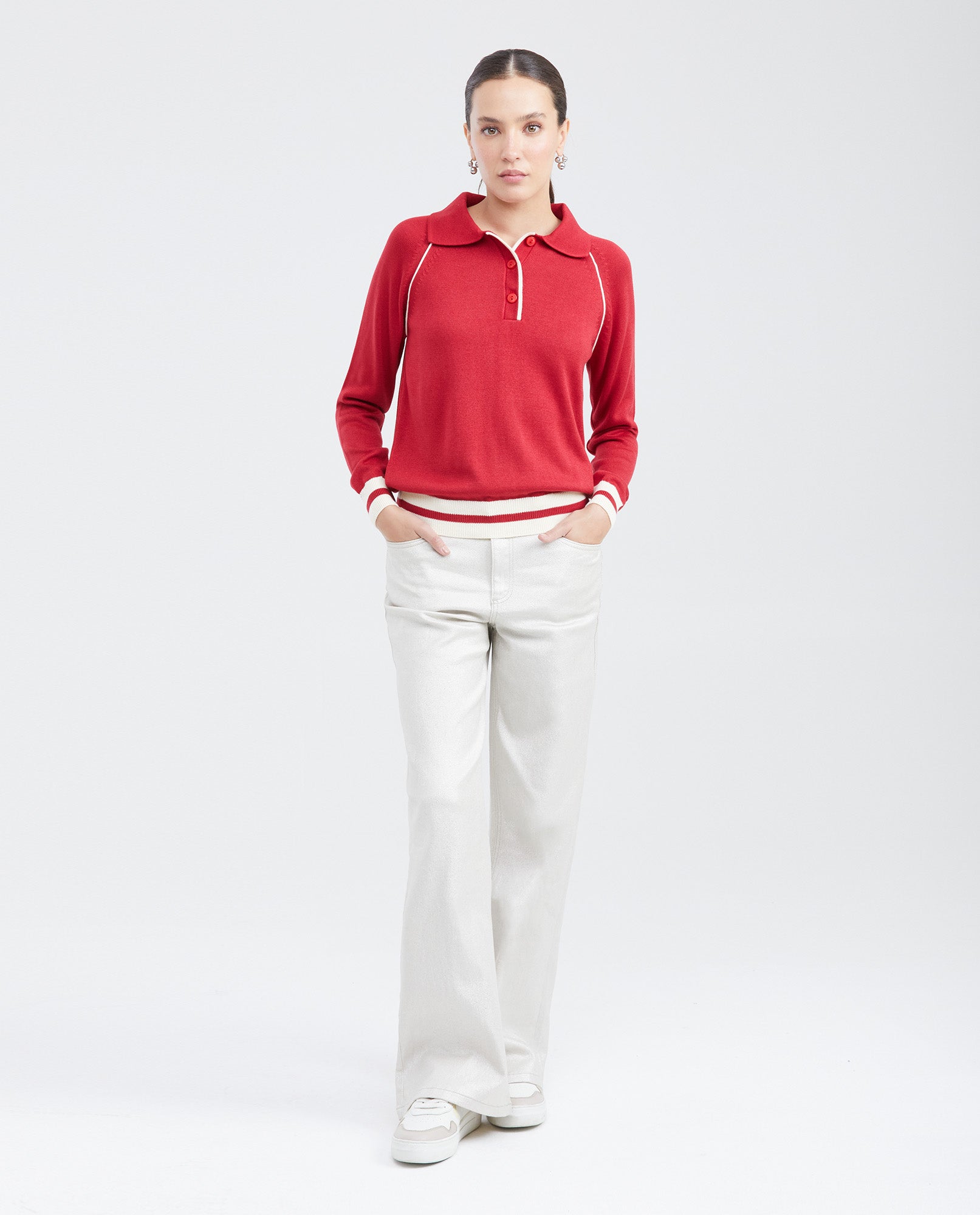 Women's Raglan Sleeve Polo Sweater with Contrast Details and Metal Plate in Modal Blend - 7