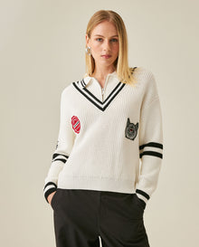 Womens Sweater Knit English Stitch Bomber Silhouette Cotton Varsity Appliqués - Raw 63_791H001_CRU110103_0