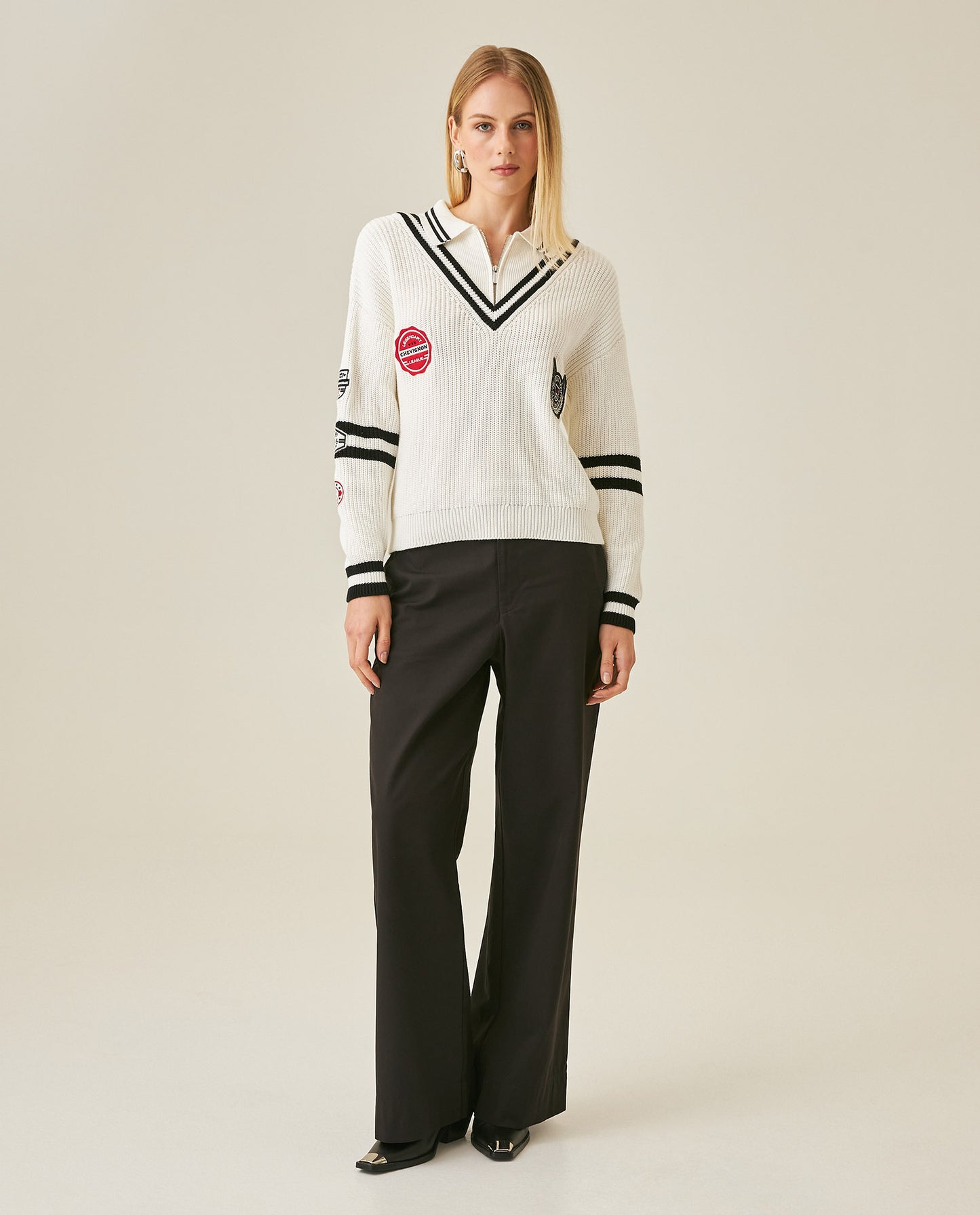 Womens Sweater Knit English Stitch Bomber Silhouette Cotton Varsity Appliqués - Raw 63_791H001_CRU110103_4