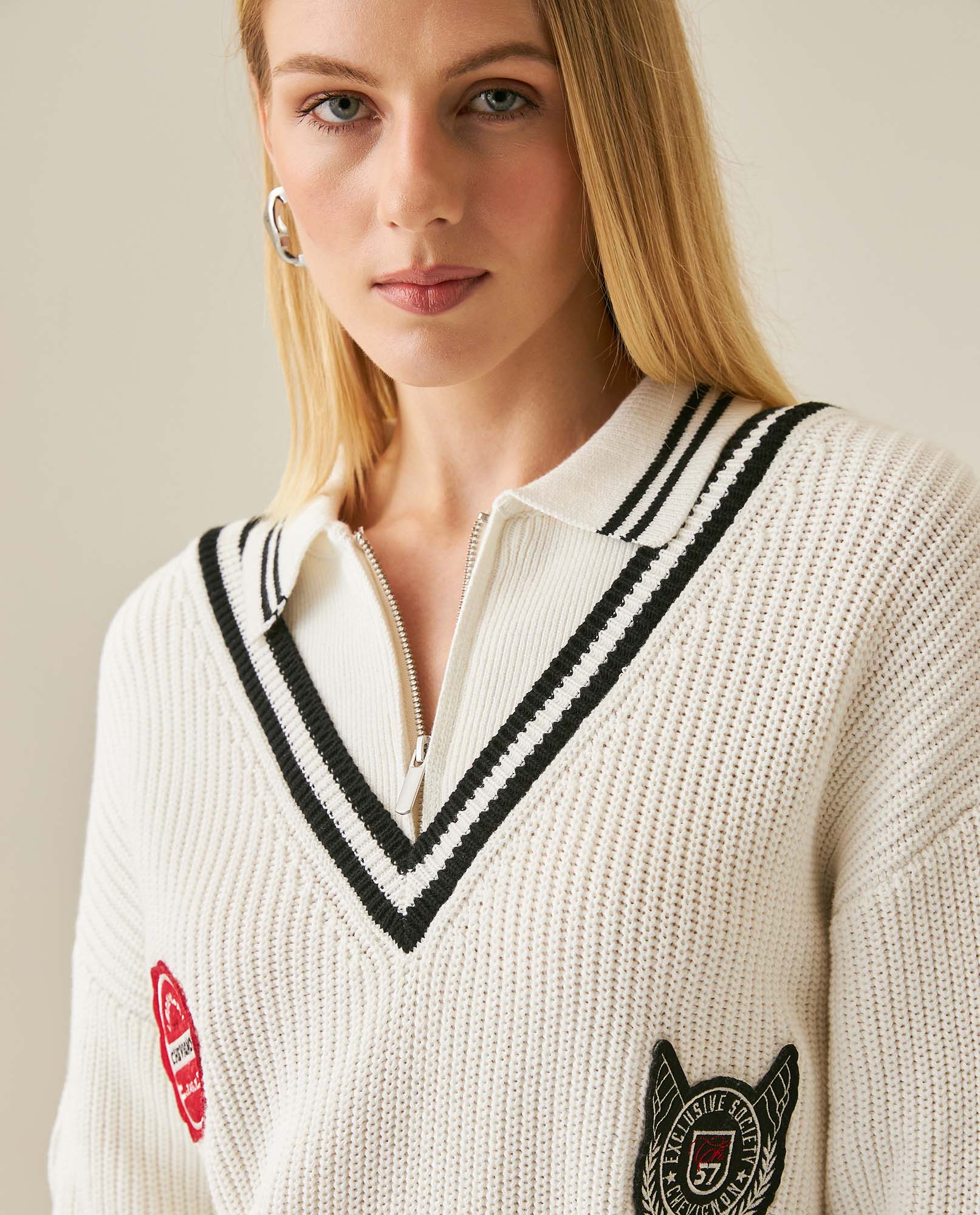 Womens Sweater Knit English Stitch Bomber Silhouette Cotton Varsity Appliqués - Raw 63_791H001_CRU110103_5