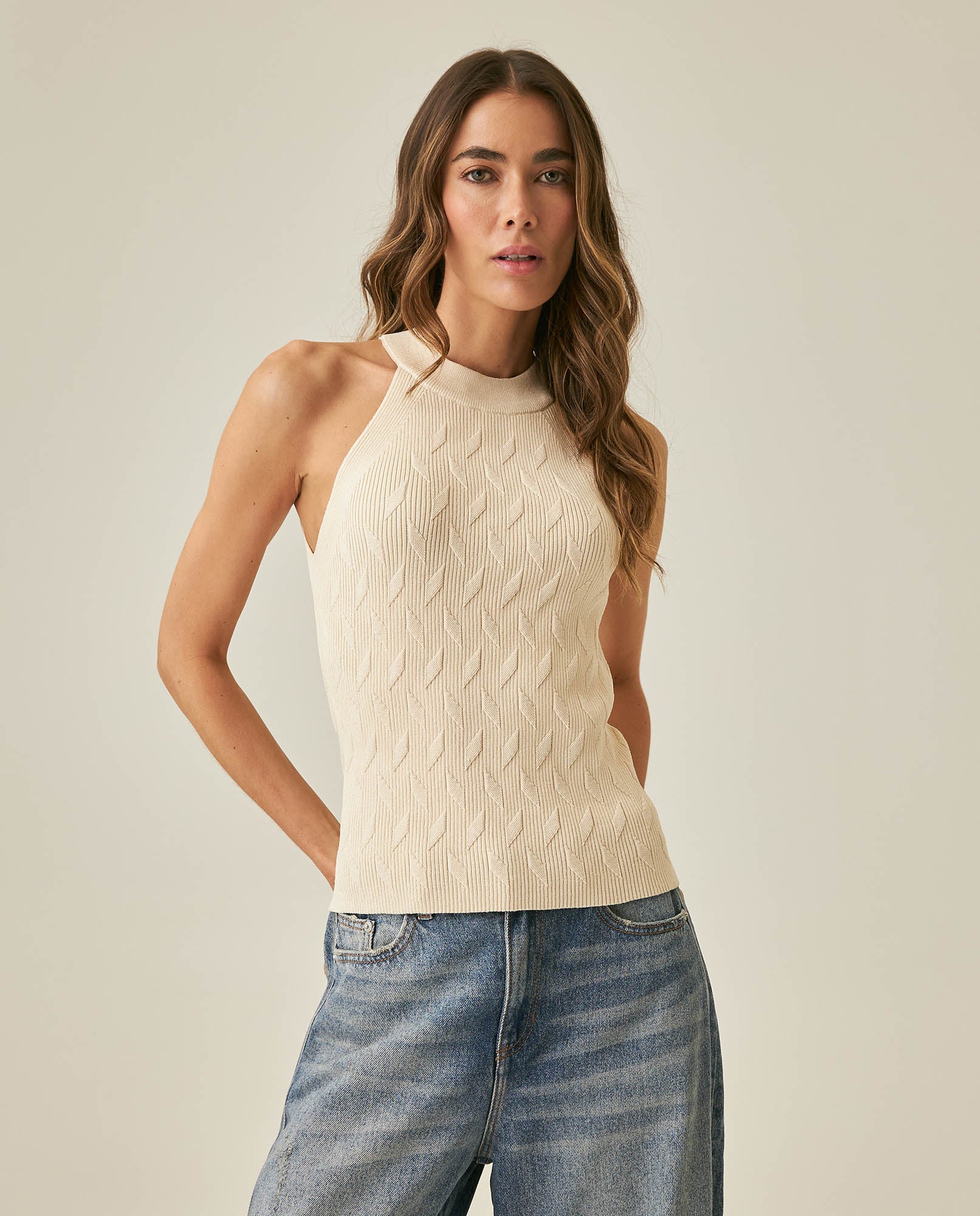 Womens Top Knit Mini Channel Halter Neck Viscose Blend - Raw 63_791H002_CRU110103_0