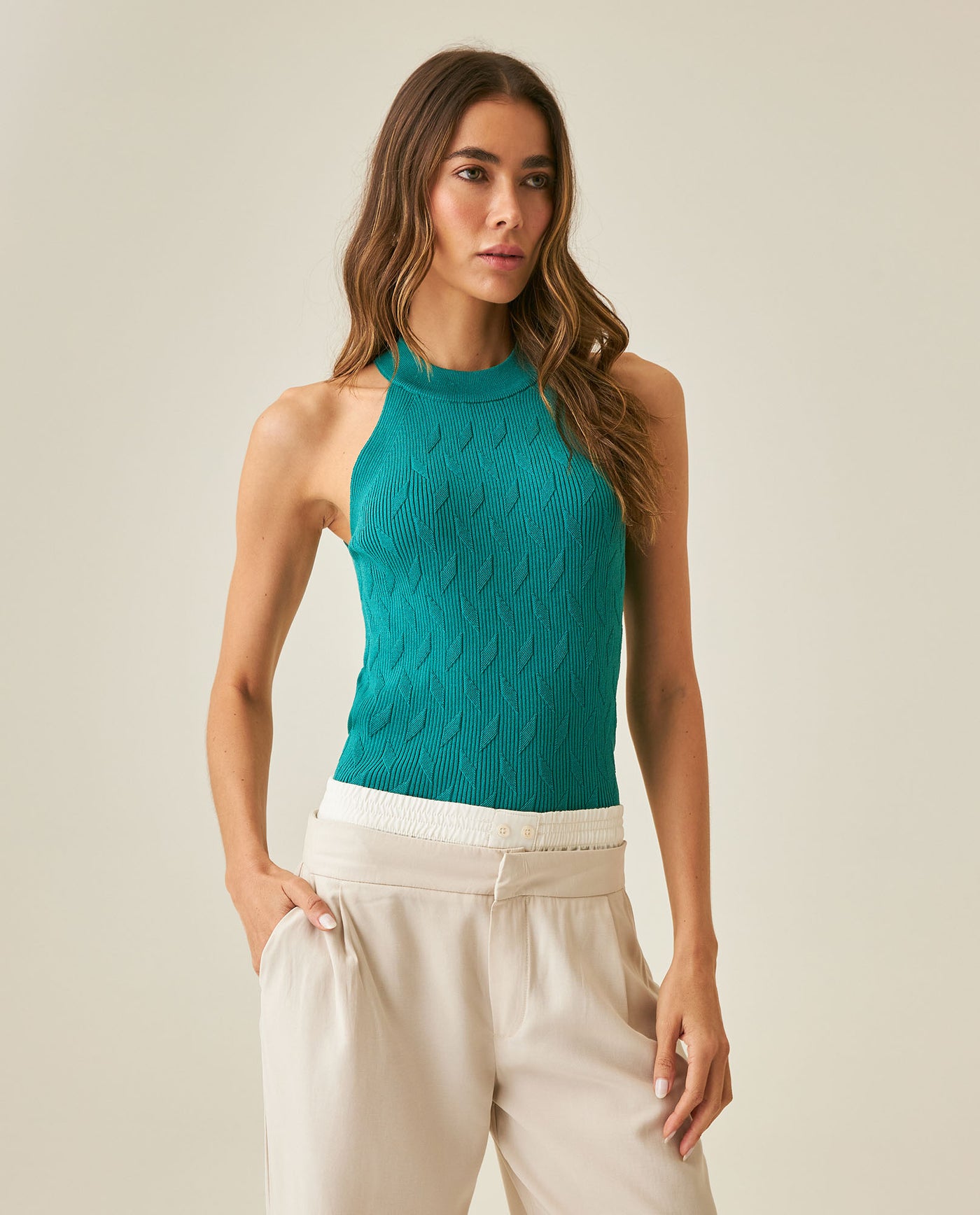 Womens Top Knit Mini Channel Halter Neck Viscose Blend - Green 63_791H002_VER170619_0