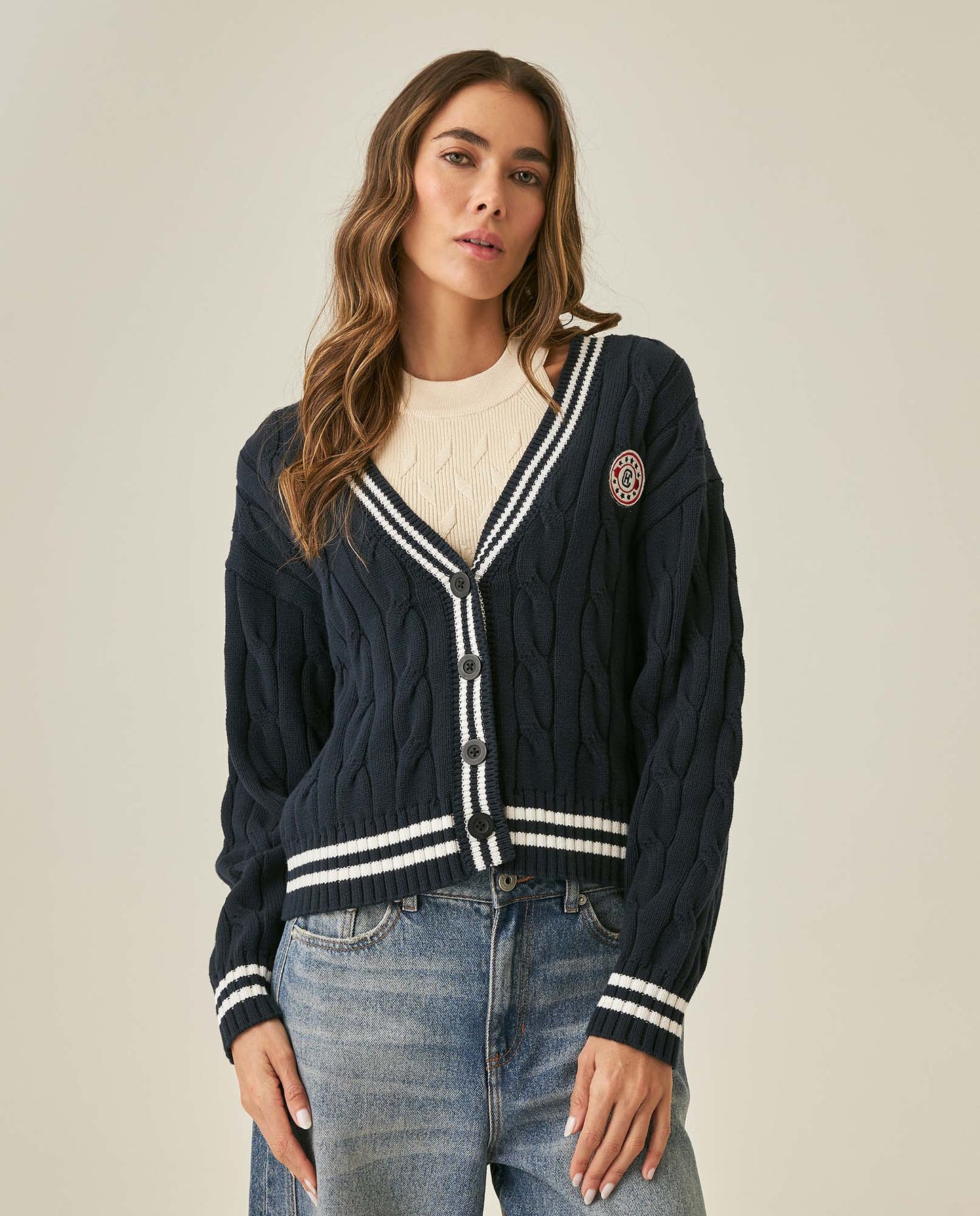 Womens Cardigan Knit Varsity Style Cotton Heavy Gauge Cable Stitch Tridimensional Contrast Stripes - Blue 63_791H003_AZU194030_0