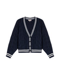 Womens Cardigan Knit Varsity Style Cotton Heavy Gauge Cable Stitch Tridimensional Contrast Stripes - Blue 63_791H003_AZU194030_3