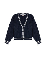 Womens Cardigan Knit Varsity Style Cotton Heavy Gauge Cable Stitch Tridimensional Contrast Stripes - Blue 63_791H003_AZU194030_3