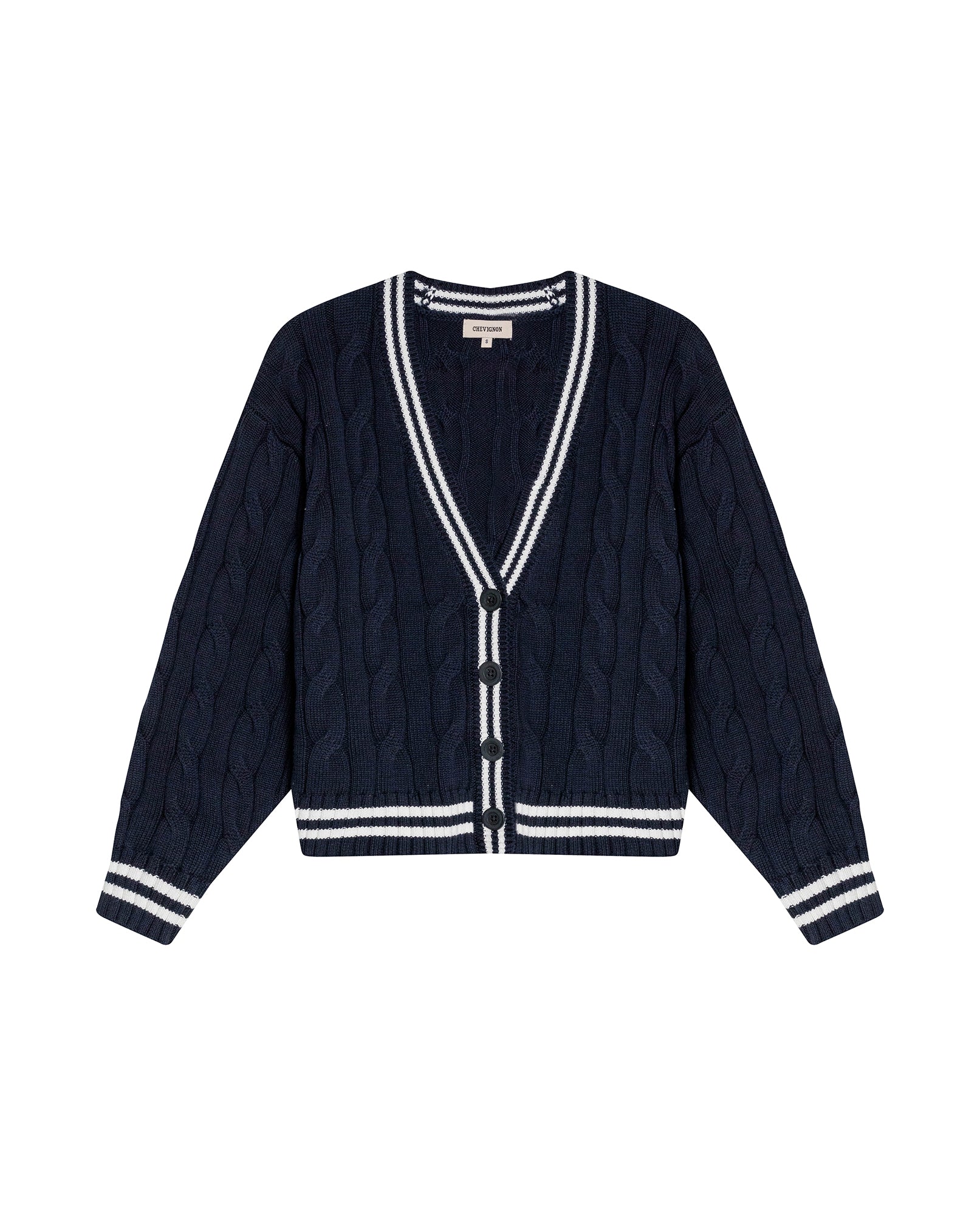 Womens Cardigan Knit Varsity Style Cotton Heavy Gauge Cable Stitch Tridimensional Contrast Stripes - Blue 63_791H003_AZU194030_3