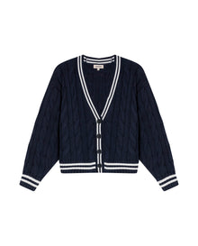 Womens Cardigan Knit Varsity Style Cotton Heavy Gauge Cable Stitch Tridimensional Contrast Stripes - Blue 63_791H003_AZU194030_3