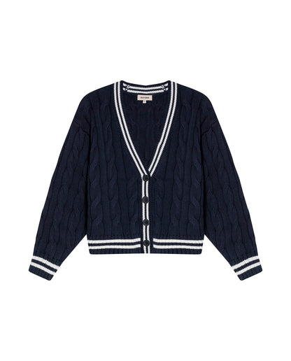 Womens Cardigan Knit Varsity Style Cotton Heavy Gauge Cable Stitch Tridimensional Contrast Stripes - Blue 63_791H003_AZU194030_3