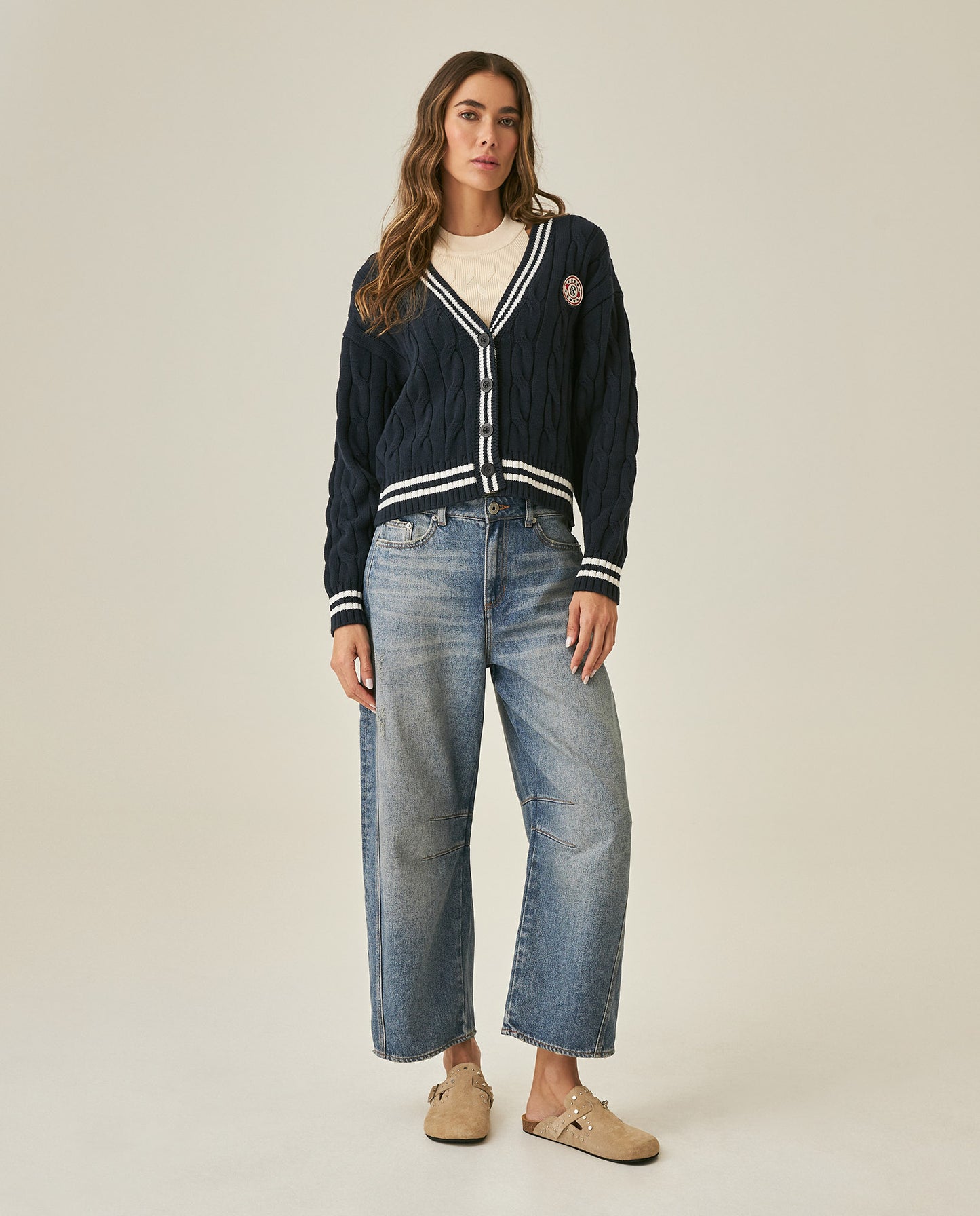 Womens Cardigan Knit Varsity Style Cotton Heavy Gauge Cable Stitch Tridimensional Contrast Stripes - Blue 63_791H003_AZU194030_4