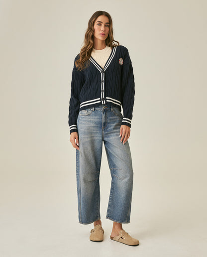 Womens Cardigan Knit Varsity Style Cotton Heavy Gauge Cable Stitch Tridimensional Contrast Stripes - Blue 63_791H003_AZU194030_4