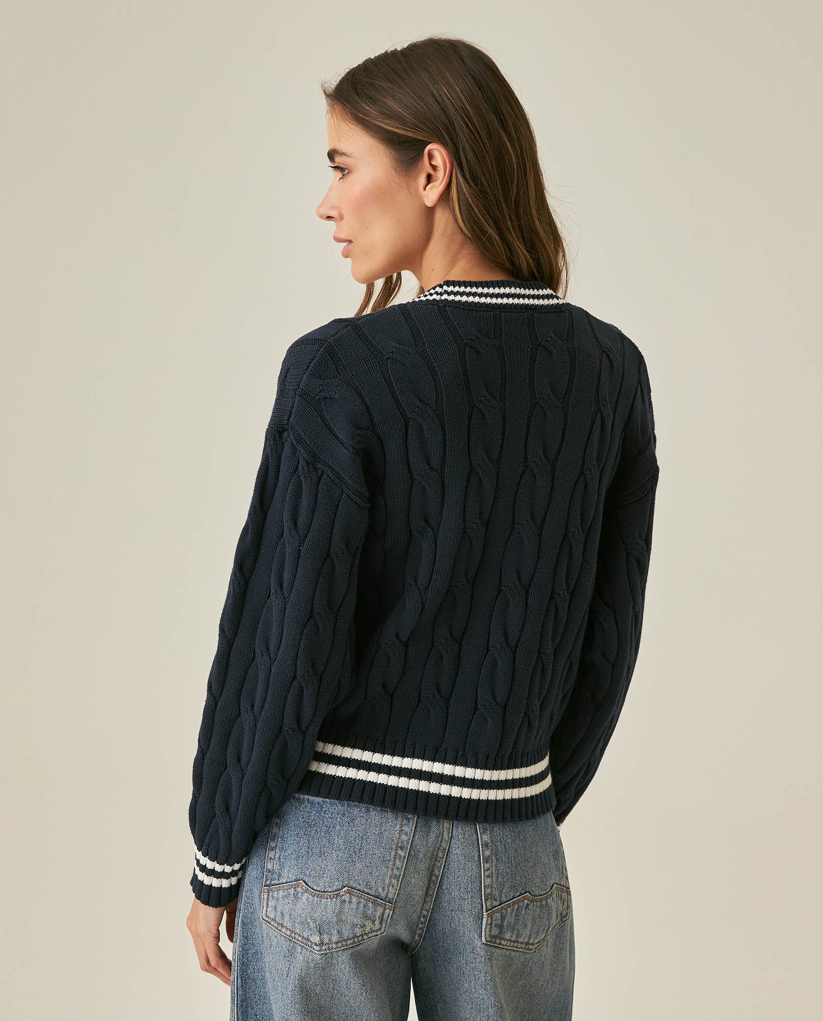 Womens Cardigan Knit Varsity Style Cotton Heavy Gauge Cable Stitch Tridimensional Contrast Stripes - Blue 63_791H003_AZU194030_6