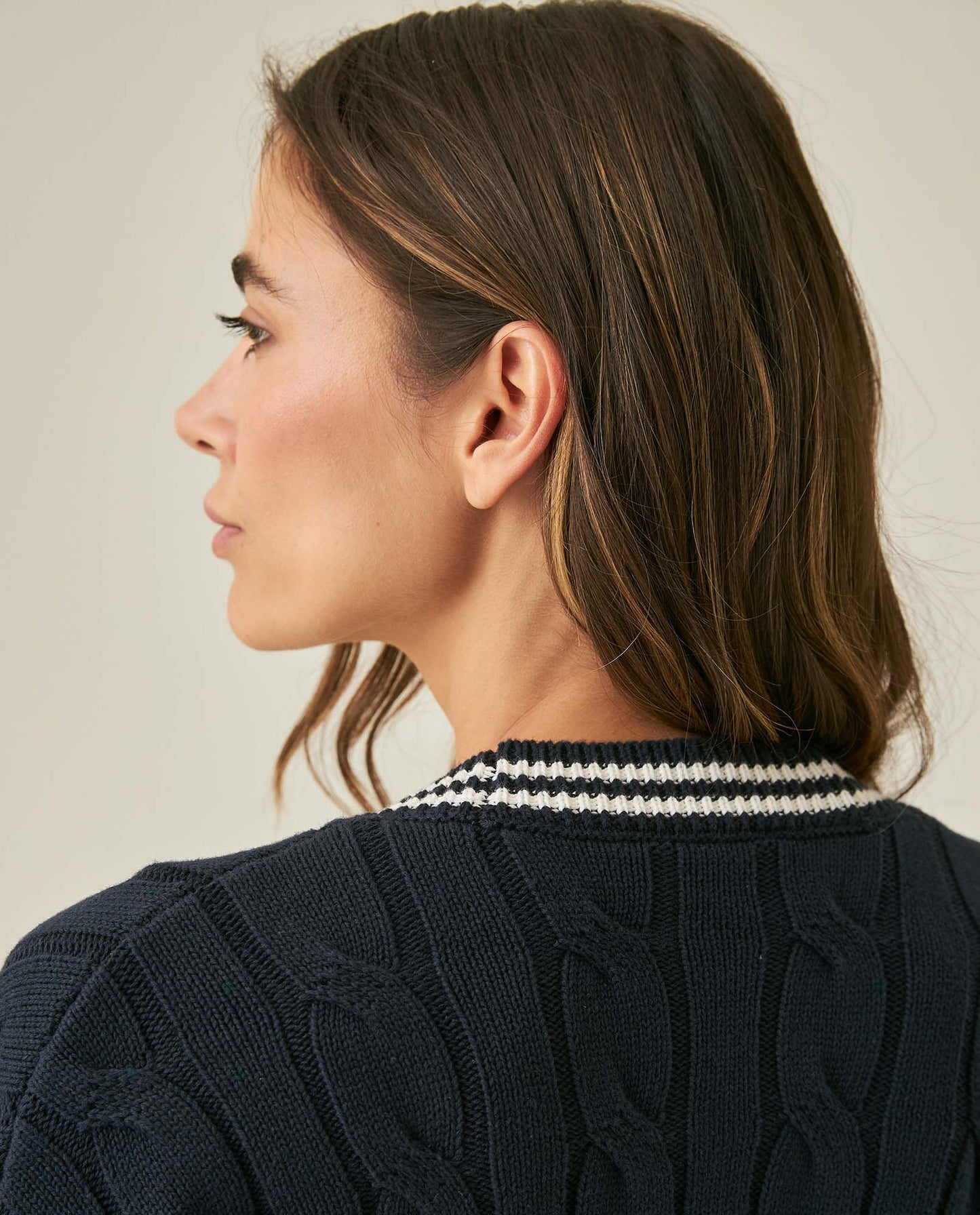 Womens Cardigan Knit Varsity Style Cotton Heavy Gauge Cable Stitch Tridimensional Contrast Stripes - Blue 63_791H003_AZU194030_7