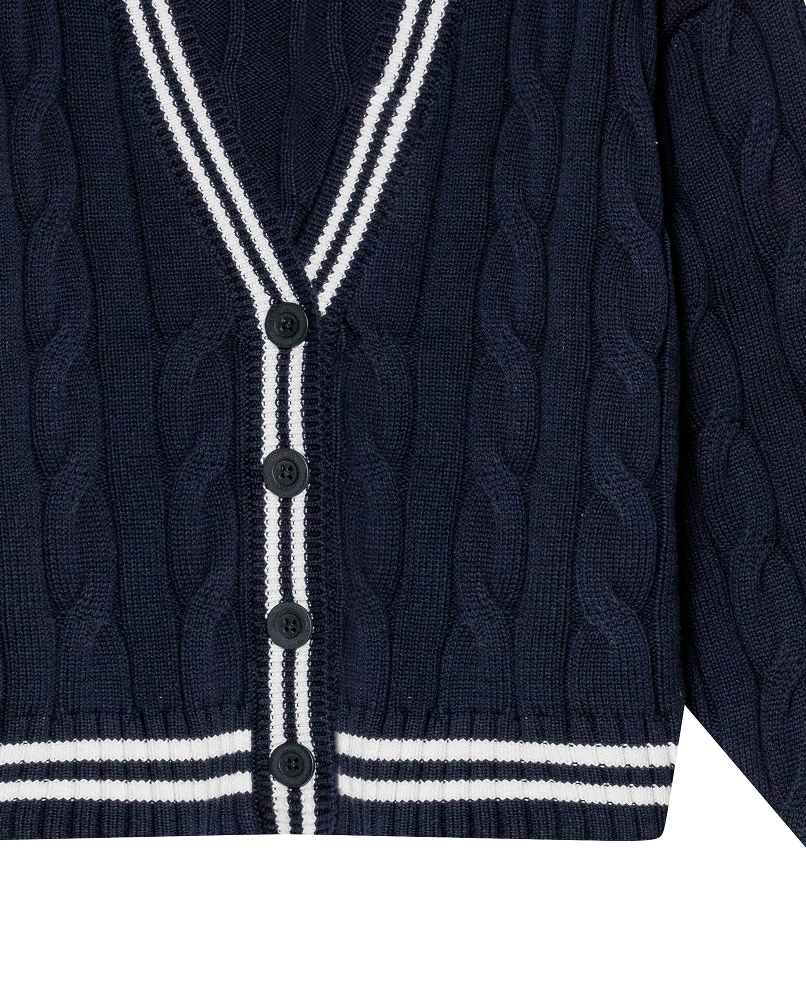 Womens Cardigan Knit Varsity Style Cotton Heavy Gauge Cable Stitch Tridimensional Contrast Stripes - Blue 63_791H003_AZU194030_8