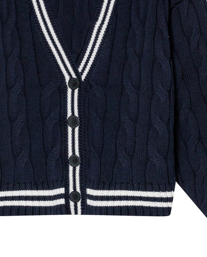 Womens Cardigan Knit Varsity Style Cotton Heavy Gauge Cable Stitch Tridimensional Contrast Stripes - Blue 63_791H003_AZU194030_8