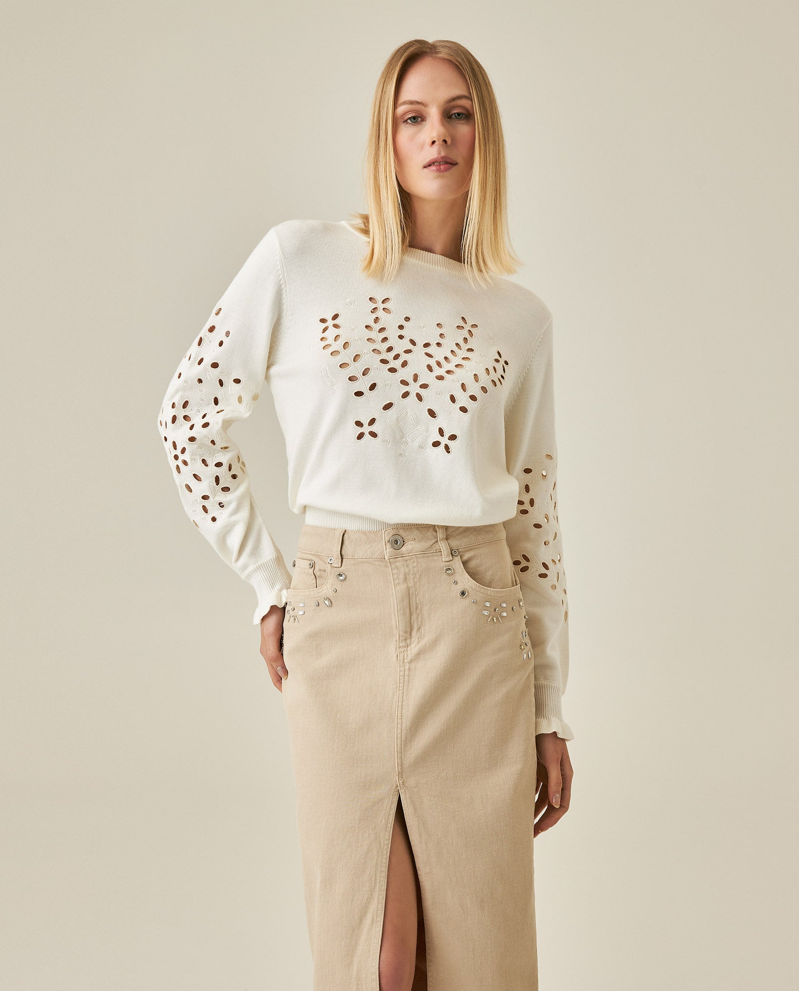 Womens Sweater Knit Crewneck Acrylic–Cotton Eyelet Floral Embroidery Ruched Cuffs - Raw 63_791H004_CRU110103_0