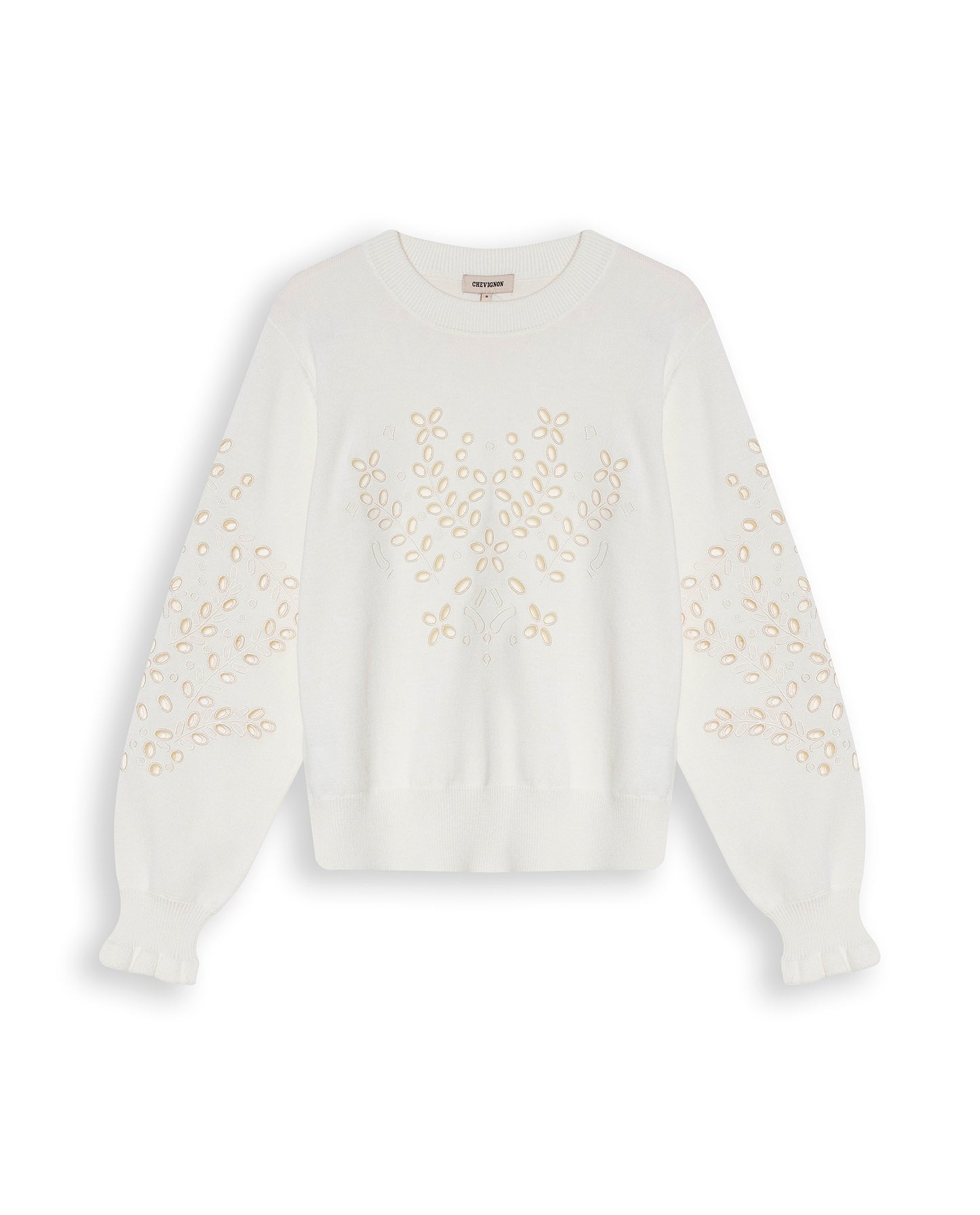 Womens Sweater Knit Crewneck Acrylic–Cotton Eyelet Floral Embroidery Ruched Cuffs - Raw 63_791H004_CRU110103_3