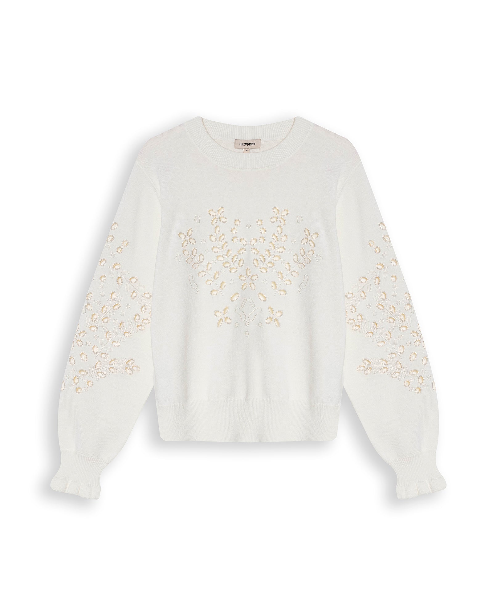 Womens Sweater Knit Crewneck Acrylic–Cotton Eyelet Floral Embroidery Ruched Cuffs - Raw 63_791H004_CRU110103_3