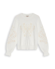 Womens Sweater Knit Crewneck Acrylic–Cotton Eyelet Floral Embroidery Ruched Cuffs - Raw 63_791H004_CRU110103_3