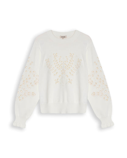 Womens Sweater Knit Crewneck Acrylic–Cotton Eyelet Floral Embroidery Ruched Cuffs - Raw 63_791H004_CRU110103_3