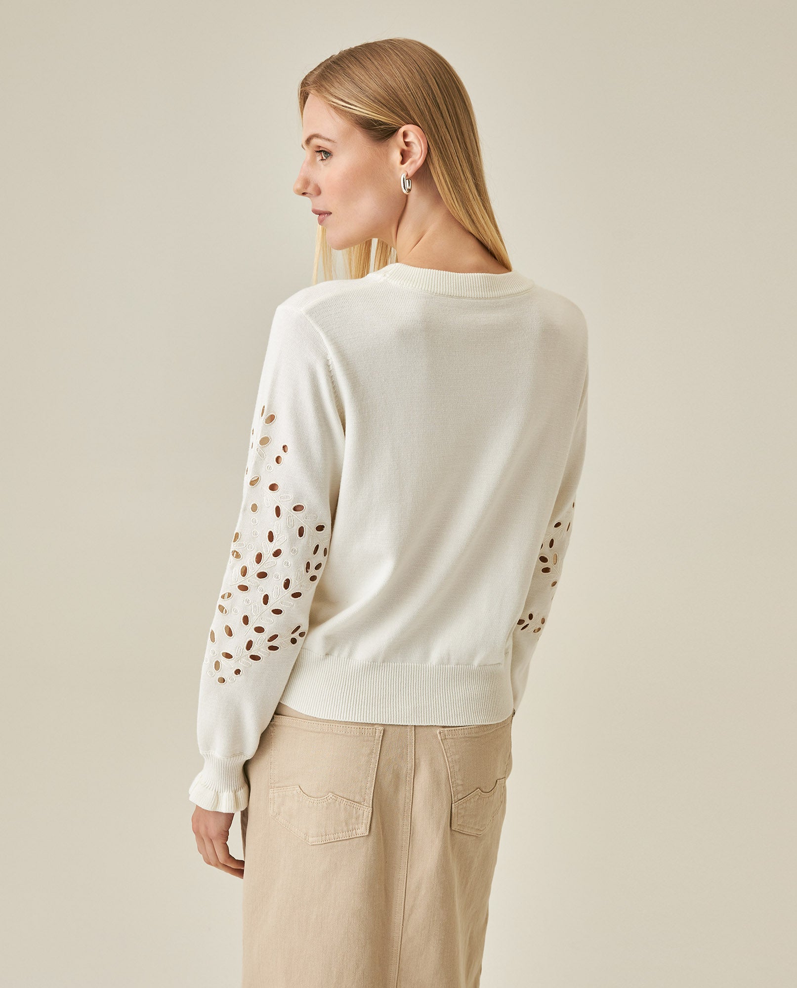 Womens Sweater Knit Crewneck Acrylic–Cotton Eyelet Floral Embroidery Ruched Cuffs - Raw 63_791H004_CRU110103_6