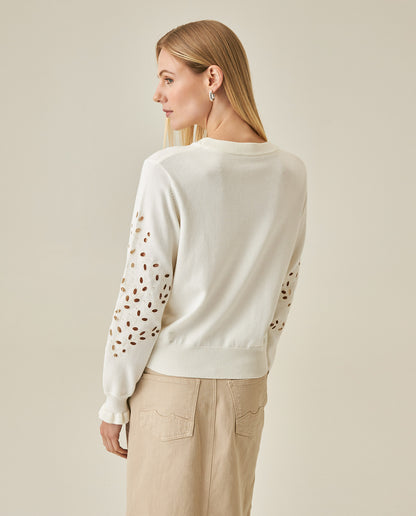 Womens Sweater Knit Crewneck Acrylic–Cotton Eyelet Floral Embroidery Ruched Cuffs - Raw 63_791H004_CRU110103_6
