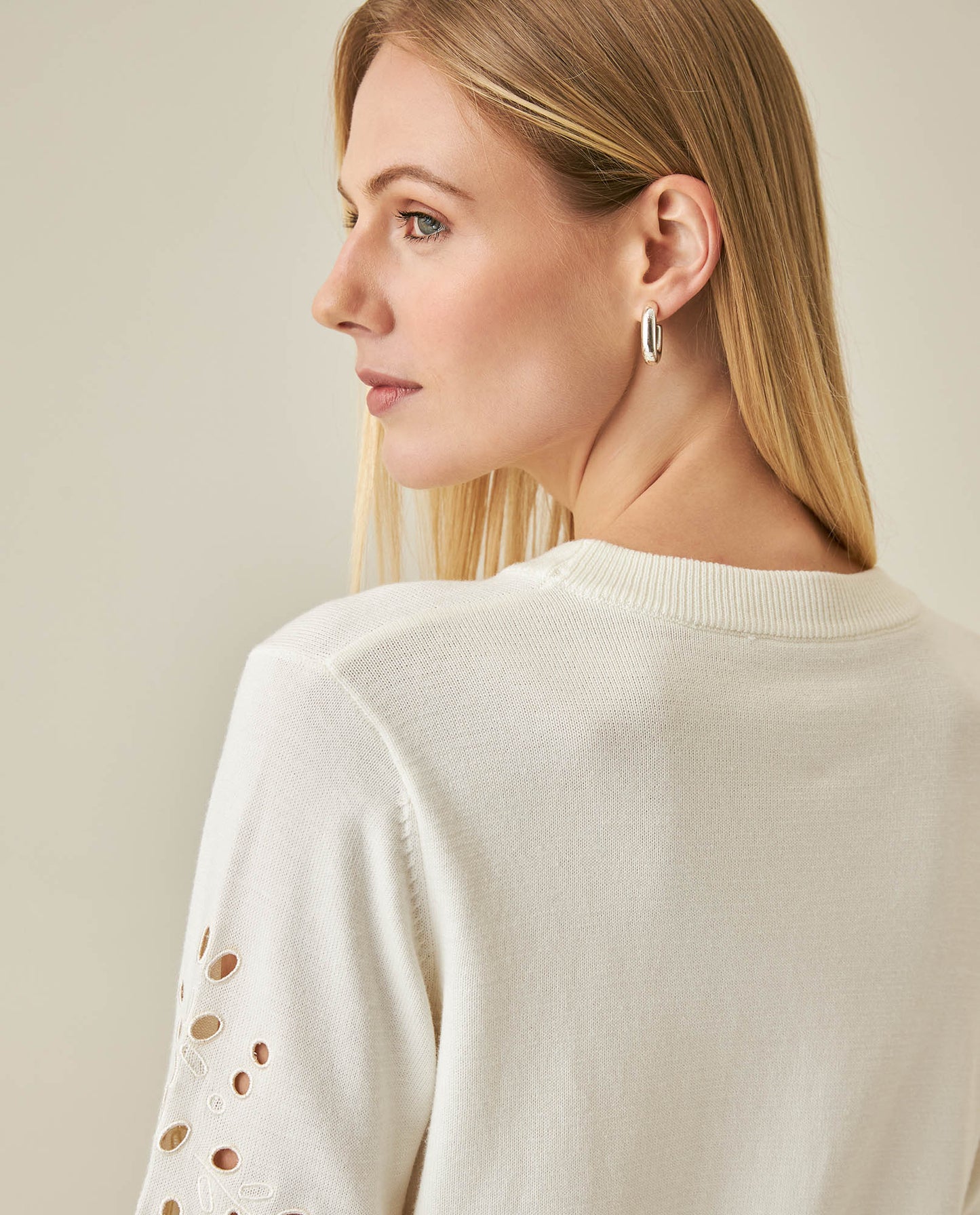 Womens Sweater Knit Crewneck Acrylic–Cotton Eyelet Floral Embroidery Ruched Cuffs - Raw 63_791H004_CRU110103_7