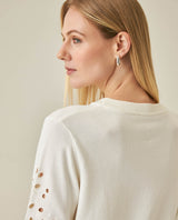 Womens Sweater Knit Crewneck Acrylic–Cotton Eyelet Floral Embroidery Ruched Cuffs - Raw 63_791H004_CRU110103_7