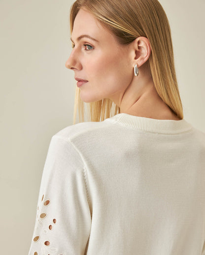 Womens Sweater Knit Crewneck Acrylic–Cotton Eyelet Floral Embroidery Ruched Cuffs - Raw 63_791H004_CRU110103_7