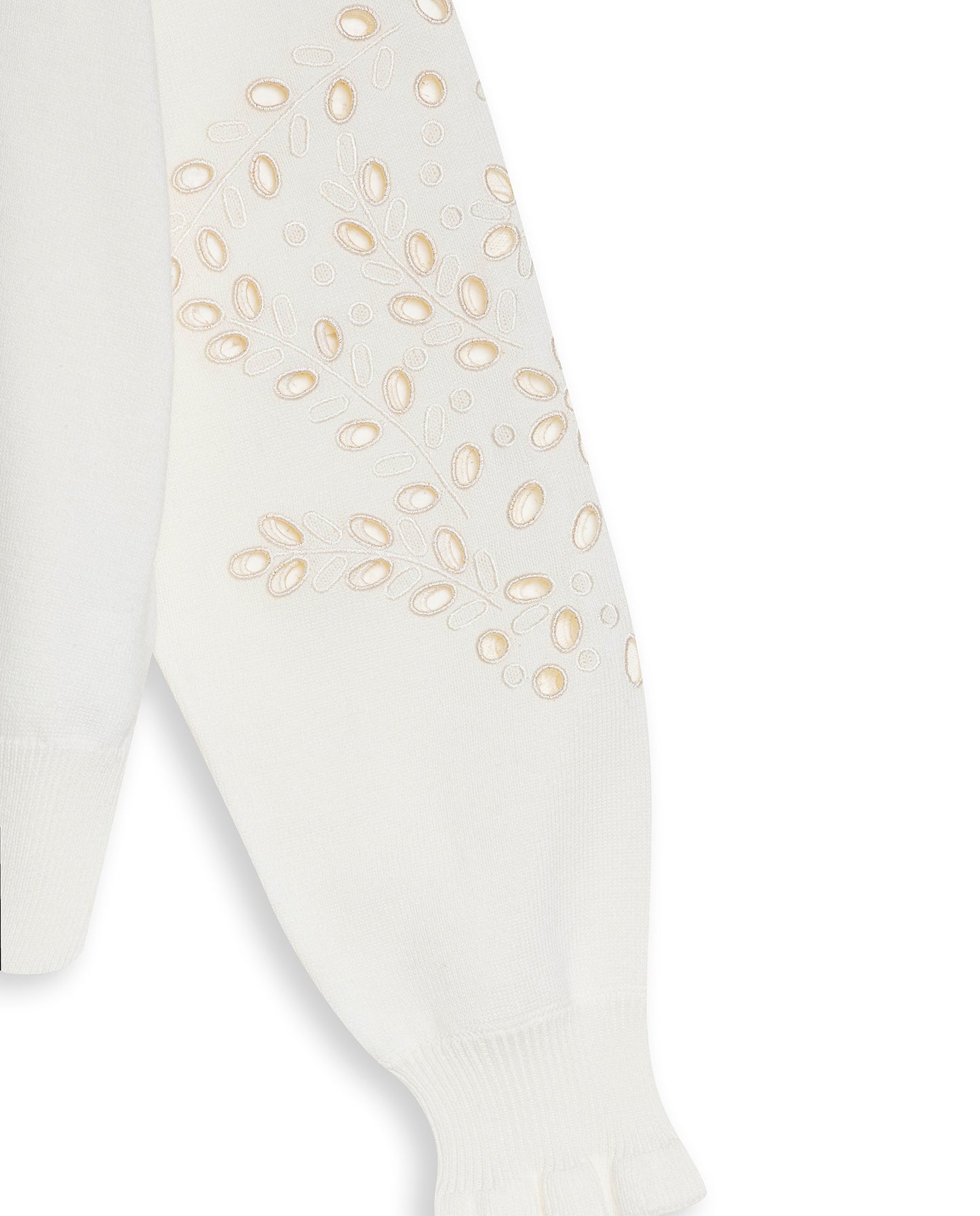 Womens Sweater Knit Crewneck Acrylic–Cotton Eyelet Floral Embroidery Ruched Cuffs - Raw 63_791H004_CRU110103_8