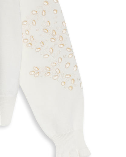 Womens Sweater Knit Crewneck Acrylic–Cotton Eyelet Floral Embroidery Ruched Cuffs - Raw 63_791H004_CRU110103_8