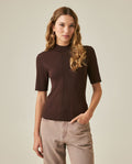 Womens Top Knit Ribbed Mandarin Collar Viscose Blend Super Lightweight Irregular Cuts Modern - Brown 63_791H006_CAF191016_0