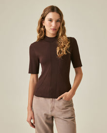 Womens Top Knit Ribbed Mandarin Collar Viscose Blend Super Lightweight Irregular Cuts Modern - Brown 63_791H006_CAF191016_0