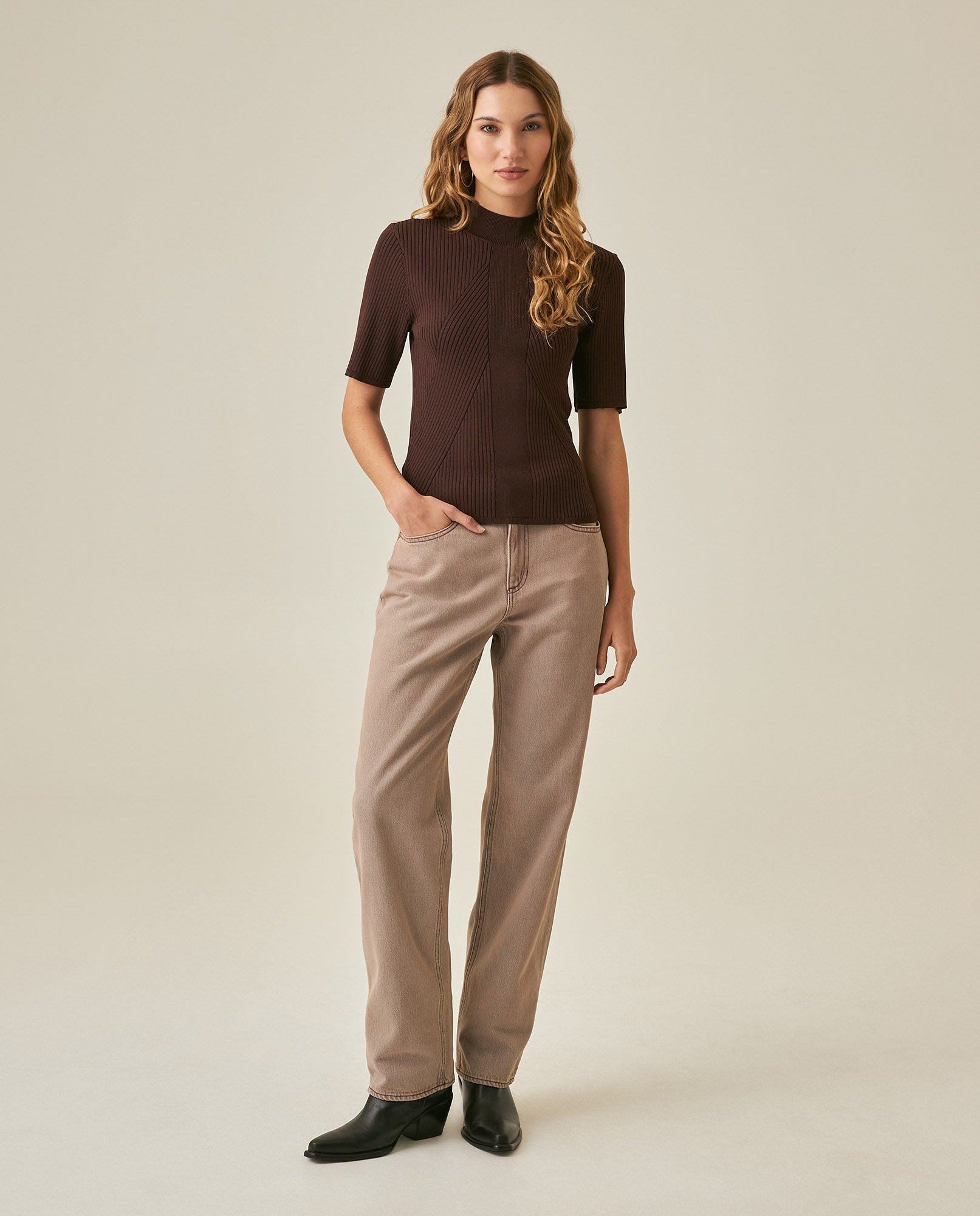 Womens Top Knit Ribbed Mandarin Collar Viscose Blend Super Lightweight Irregular Cuts Modern - Brown 63_791H006_CAF191016_4