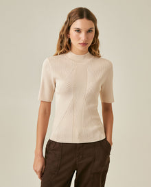 Womens Top Knit Ribbed Mandarin Collar Viscose Blend Super Lightweight Irregular Cuts Modern - Raw 63_791H006_CRU110103_0