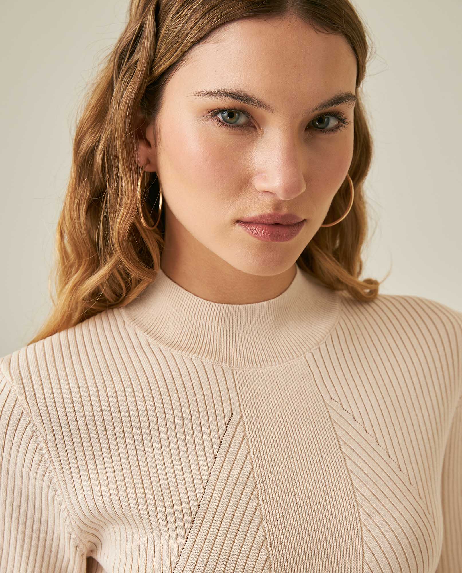 Womens Top Knit Ribbed Mandarin Collar Viscose Blend Super Lightweight Irregular Cuts Modern - Raw 63_791H006_CRU110103_5