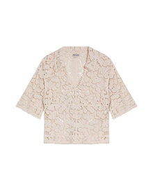 Womens Shirt Knit Crochet Style Cotton–Elastane Wide Sleeves V-Neck Shirt Collar - Raw 63_791H007_CRU110103_3