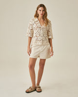 Womens Shirt Knit Crochet Style Cotton–Elastane Wide Sleeves V-Neck Shirt Collar - Raw 63_791H007_CRU110103_4
