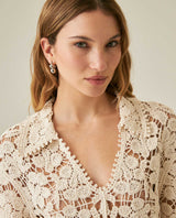 Womens Shirt Knit Crochet Style Cotton–Elastane Wide Sleeves V-Neck Shirt Collar - Raw 63_791H007_CRU110103_5