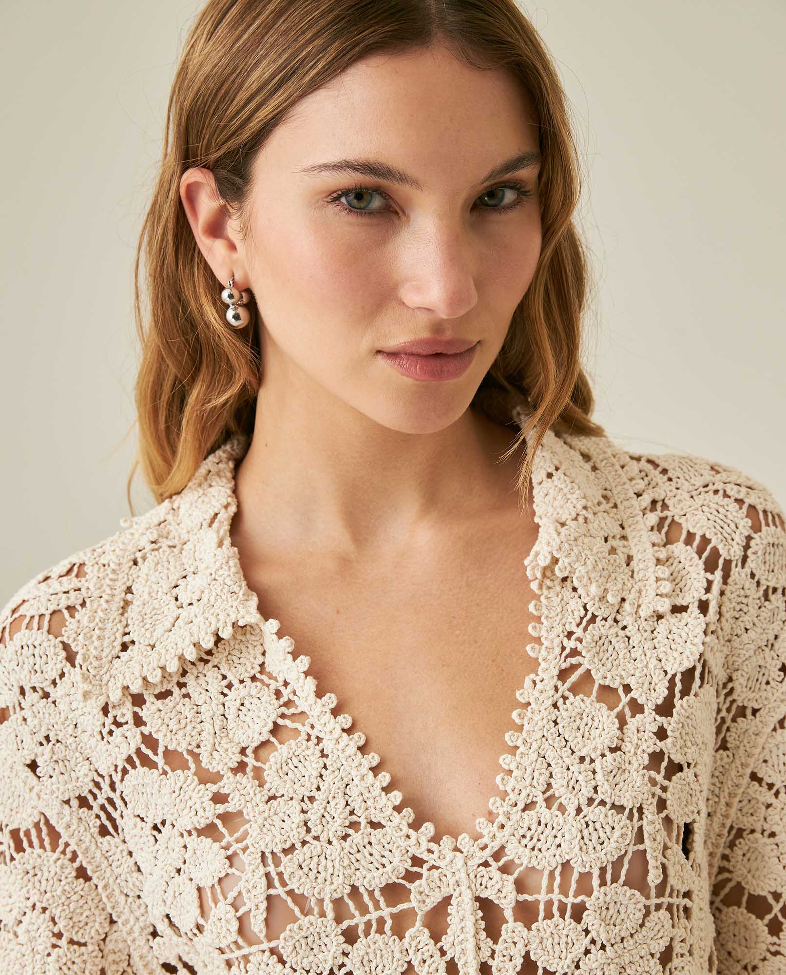 Womens Shirt Knit Crochet Style Cotton–Elastane Wide Sleeves V-Neck Shirt Collar - Raw 63_791H007_CRU110103_5