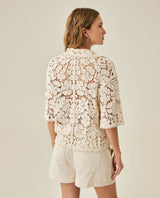 Womens Shirt Knit Crochet Style Cotton–Elastane Wide Sleeves V-Neck Shirt Collar - Raw 63_791H007_CRU110103_6