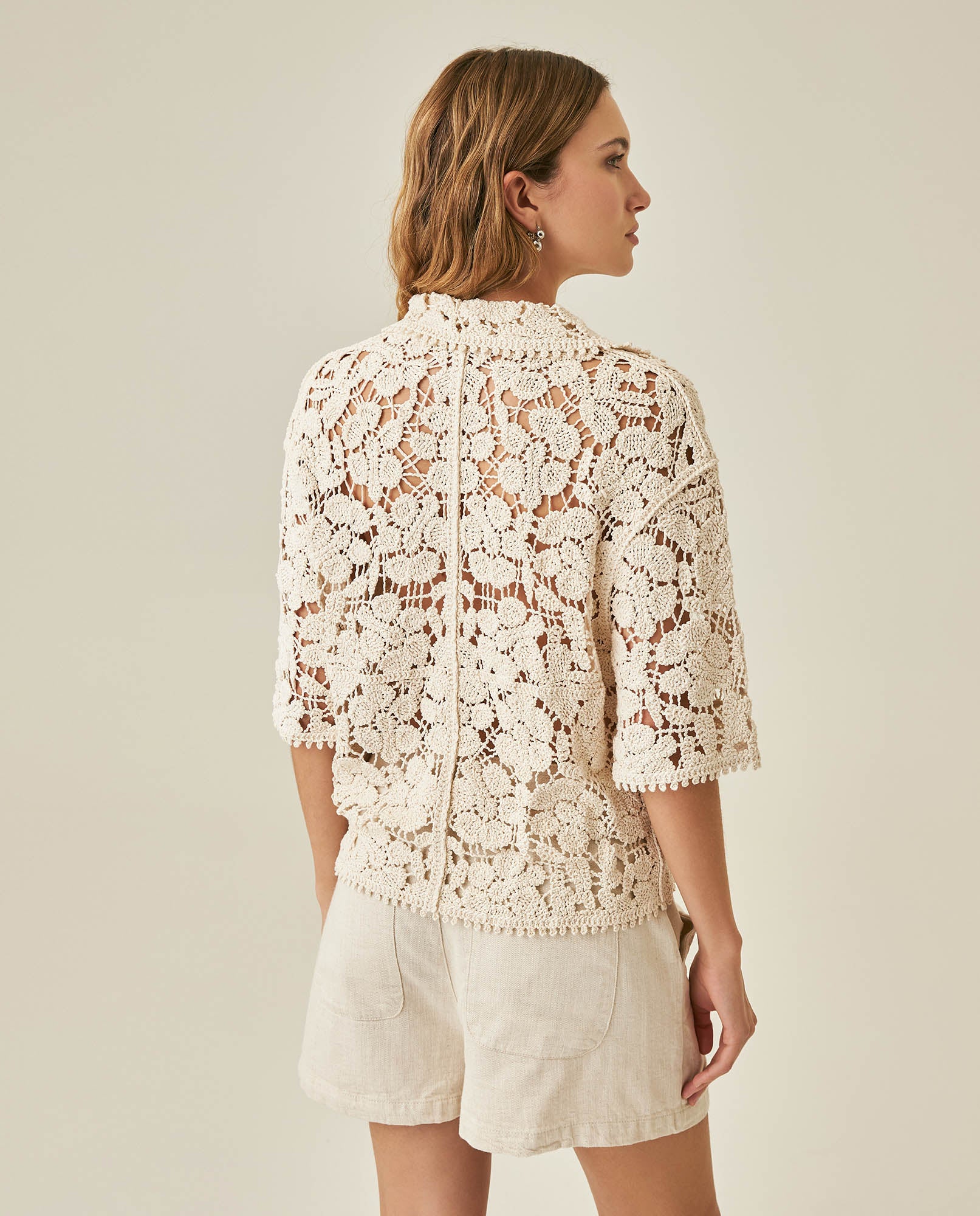 Womens Shirt Knit Crochet Style Cotton–Elastane Wide Sleeves V-Neck Shirt Collar - Raw 63_791H007_CRU110103_6