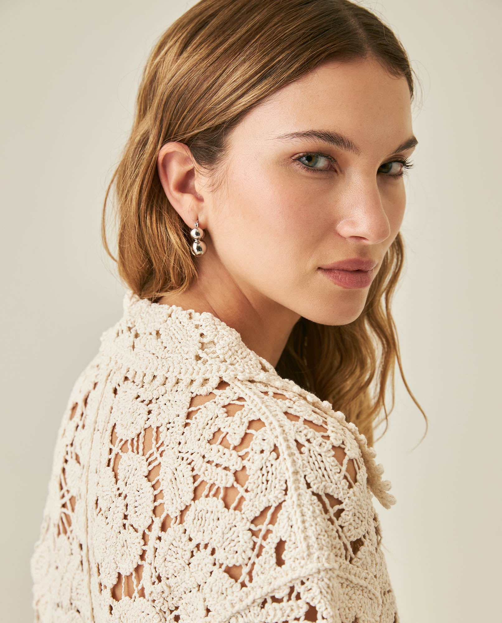 Womens Shirt Knit Crochet Style Cotton–Elastane Wide Sleeves V-Neck Shirt Collar - Raw 63_791H007_CRU110103_7