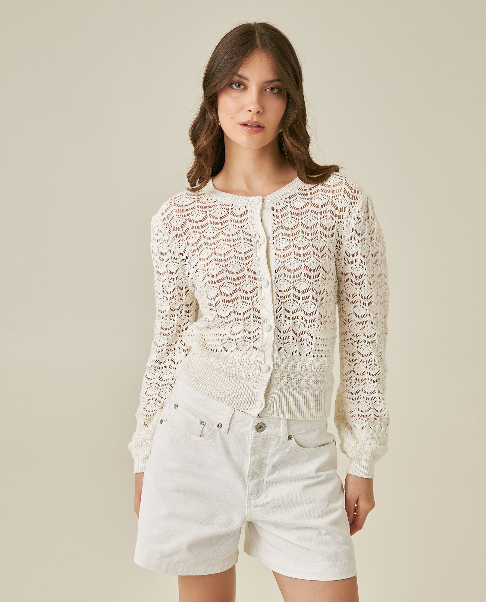Womens Cardigan Knit Bomber Silhouette Cotton Medium Gauge Openwork Stitch Artisan Covered Buttons - Raw 63_791H008_CRU110103_0