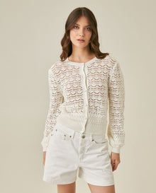 Womens Cardigan Knit Bomber Silhouette Cotton Medium Gauge Openwork Stitch Artisan Covered Buttons - Raw 63_791H008_CRU110103_0