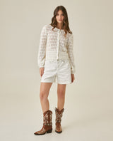 Womens Cardigan Knit Bomber Silhouette Cotton Medium Gauge Openwork Stitch Artisan Covered Buttons - Raw 63_791H008_CRU110103_4