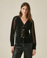 Womens Cardigan Deep V-Neck Cotton–Acrylic Heavy Gauge Lace Cable Mix Sophisticated Glamorous - Black 63_791H009_NEG194007_0