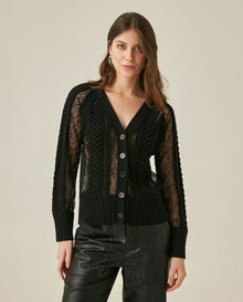 Womens Cardigan Deep V-Neck Cotton–Acrylic Heavy Gauge Lace Cable Mix Sophisticated Glamorous - Black 63_791H009_NEG194007_0