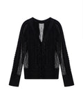 Womens Cardigan Deep V-Neck Cotton–Acrylic Heavy Gauge Lace Cable Mix Sophisticated Glamorous - Black 63_791H009_NEG194007_3
